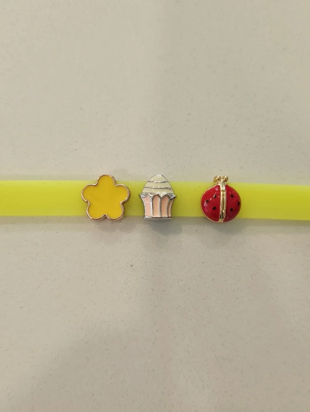 Kids Yellow Silicone Charm Bracelet with Flower, Cupcake & Ladybug Charms